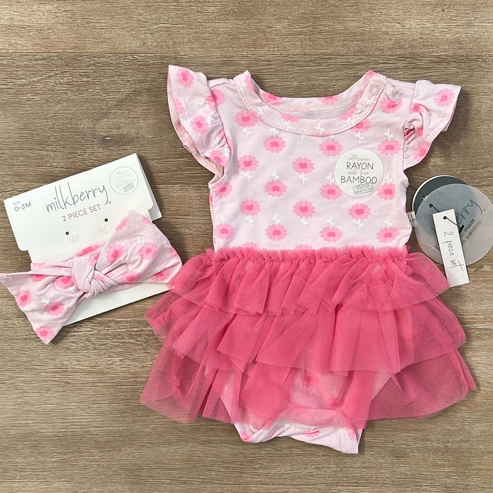 Milkberry Baby Girl Bamboo Bodysuit Tulle Dress Headband 3-6 months